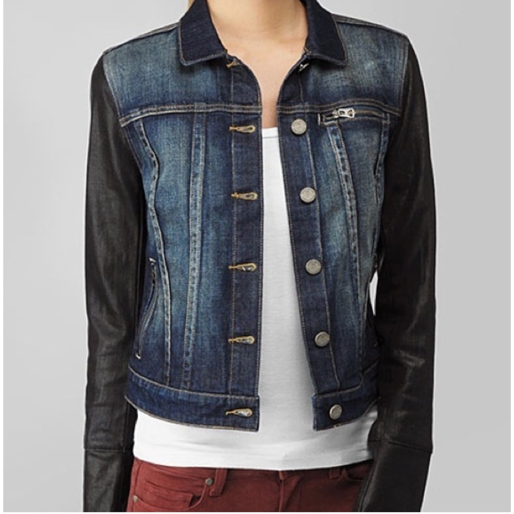 Paige Lenny Denim Trucker Jacket Coated Sleeves Sz S Blue Black Mixed Media Edgy